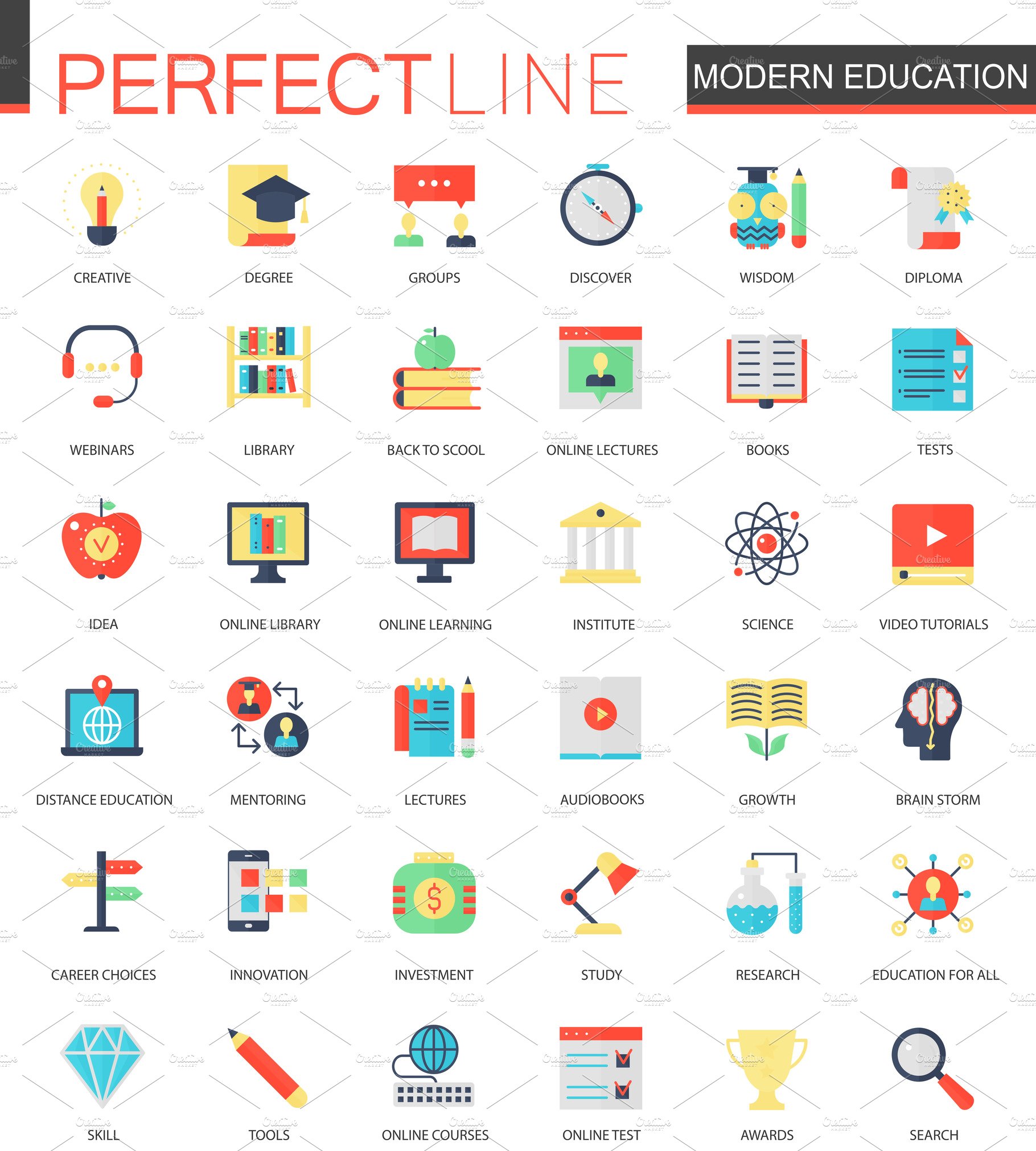 Modern education, e-learning icons cover image.