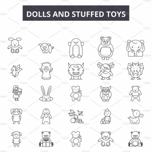 Dolls and stuffed toys line icons cover image.