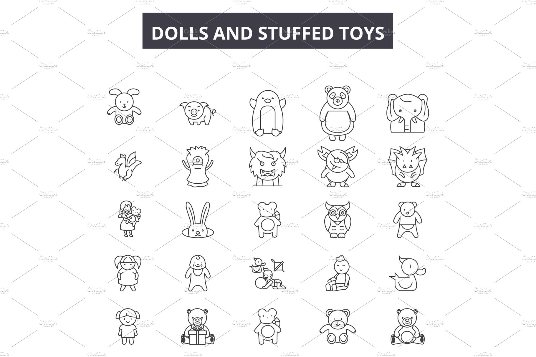 Dolls and stuffed toys line icons cover image.