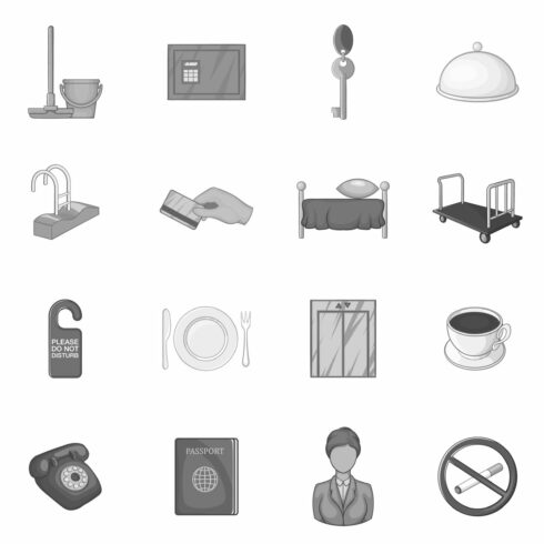 Hotel icons set in black monochrome cover image.