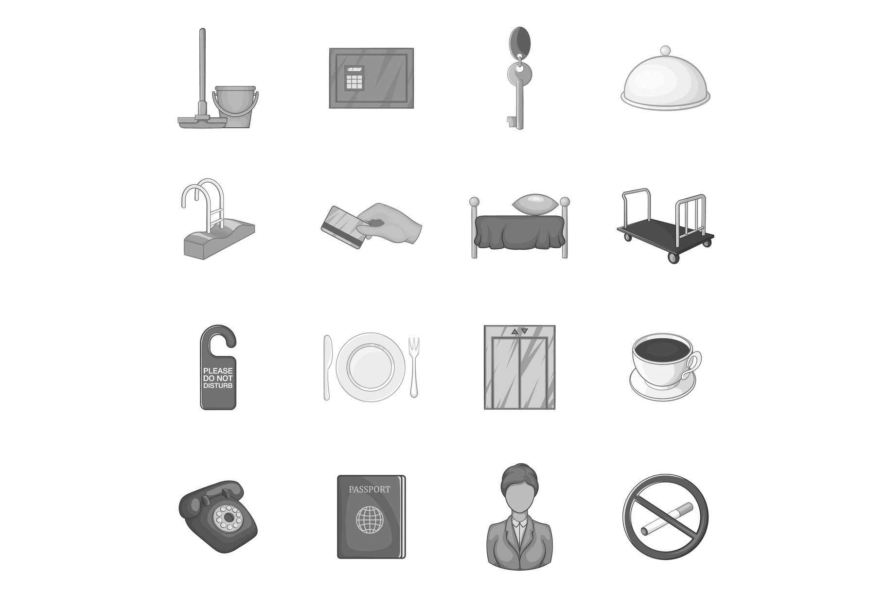 Hotel icons set in black monochrome cover image.