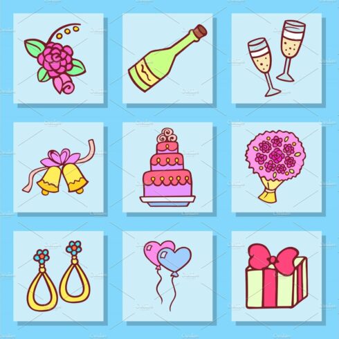 Wedding outline hand drawn icons vector illustration married celebration mu... cover image.