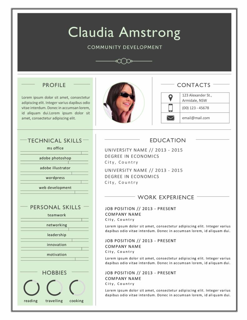 Green photograph resume template - R1 277 791x1024 