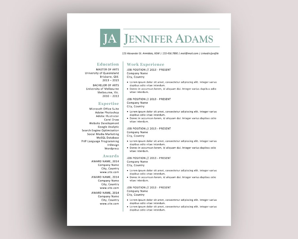 Blue initials Word resume template preview image.