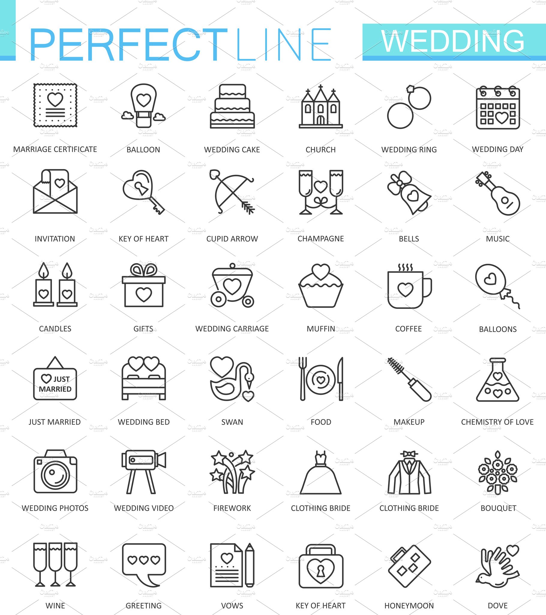 Wedding thin line icons set cover image.
