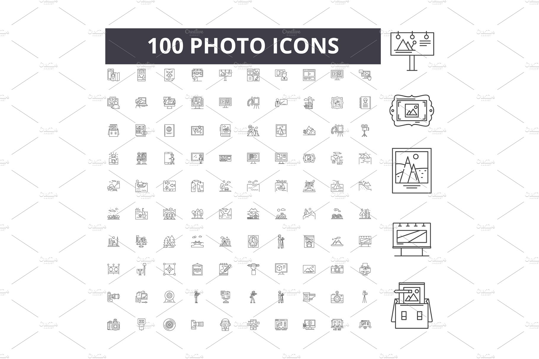 Photo line icons, signs, vector set cover image.