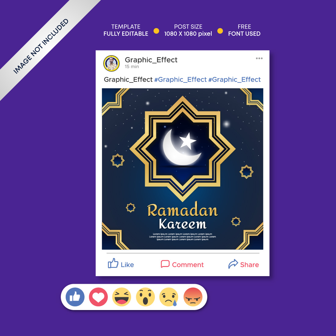 The ramadan kareem facebook page is displayed on a purple background.