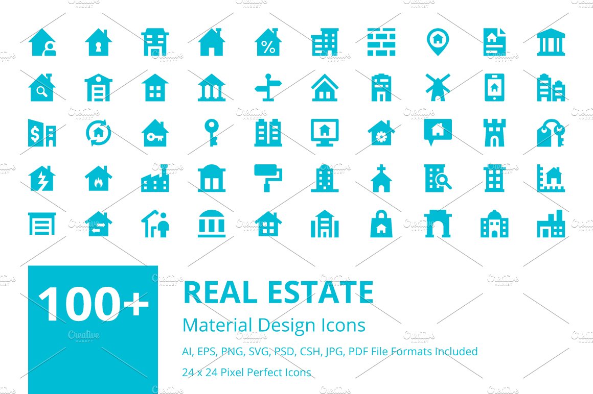 100+ Real Estate Material Icons cover image.