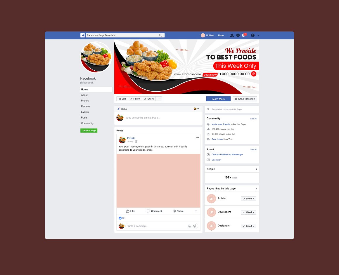 Facebook page with a picture of food on it.