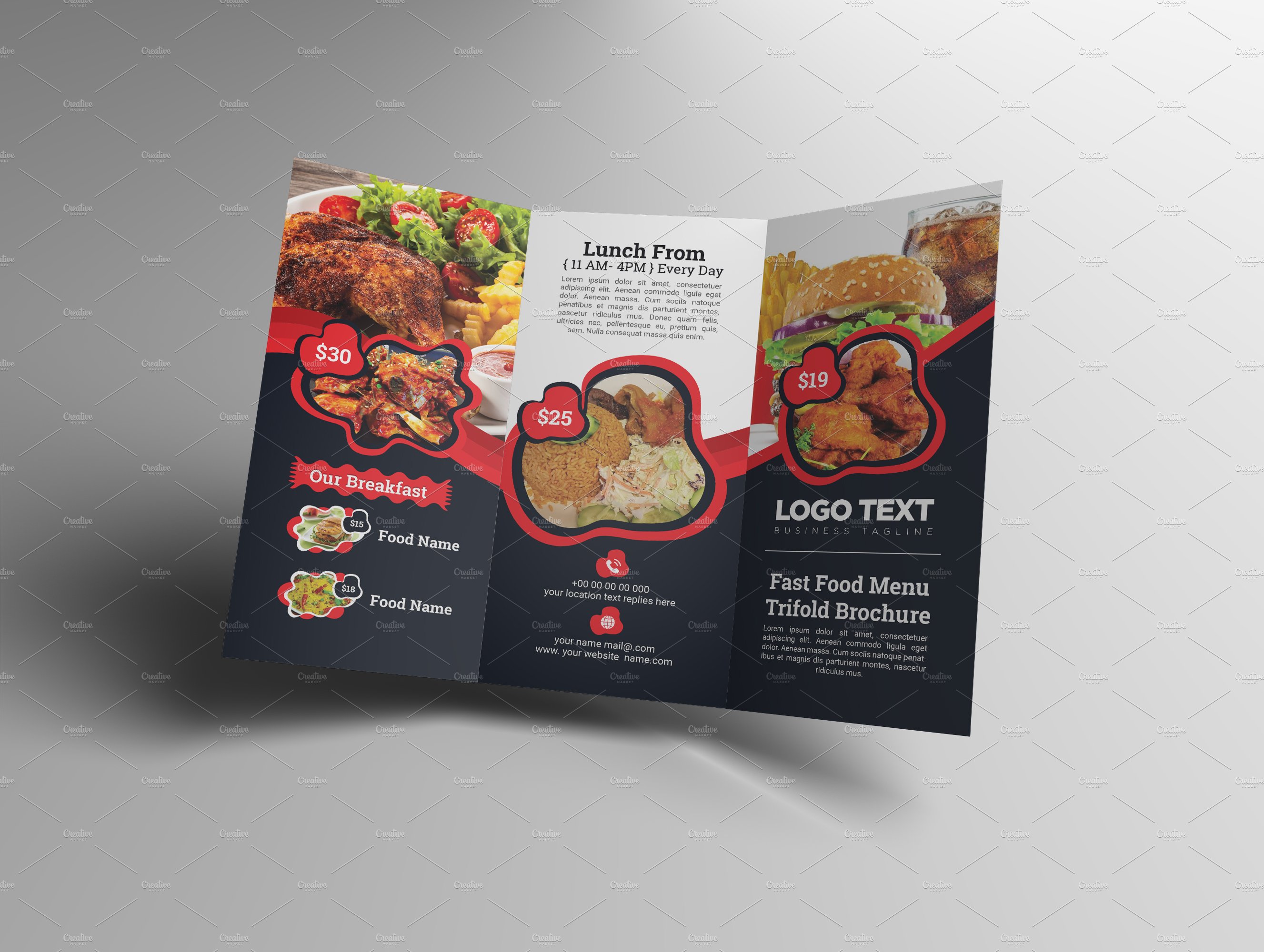 Fast food restaurant menu trifold preview image.