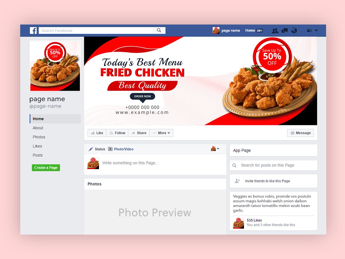 Facebook page with a picture of fried chicken.