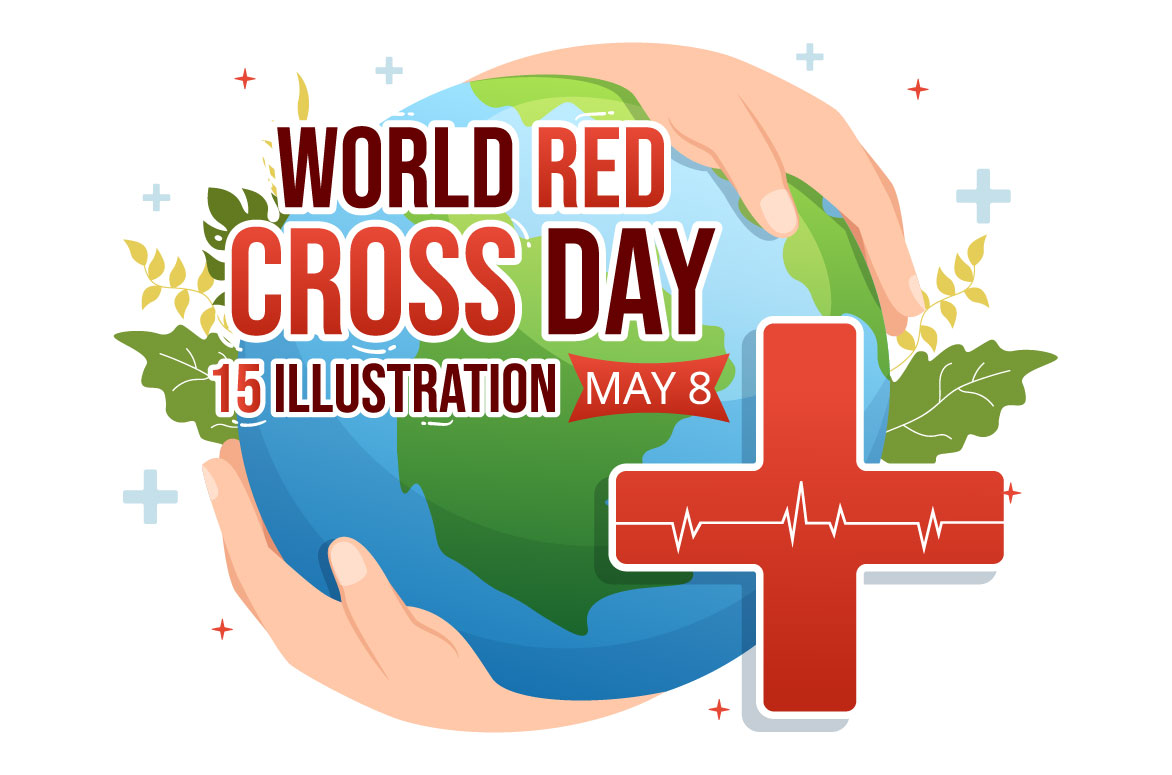 Red cross day poster with two hands holding a red cross.