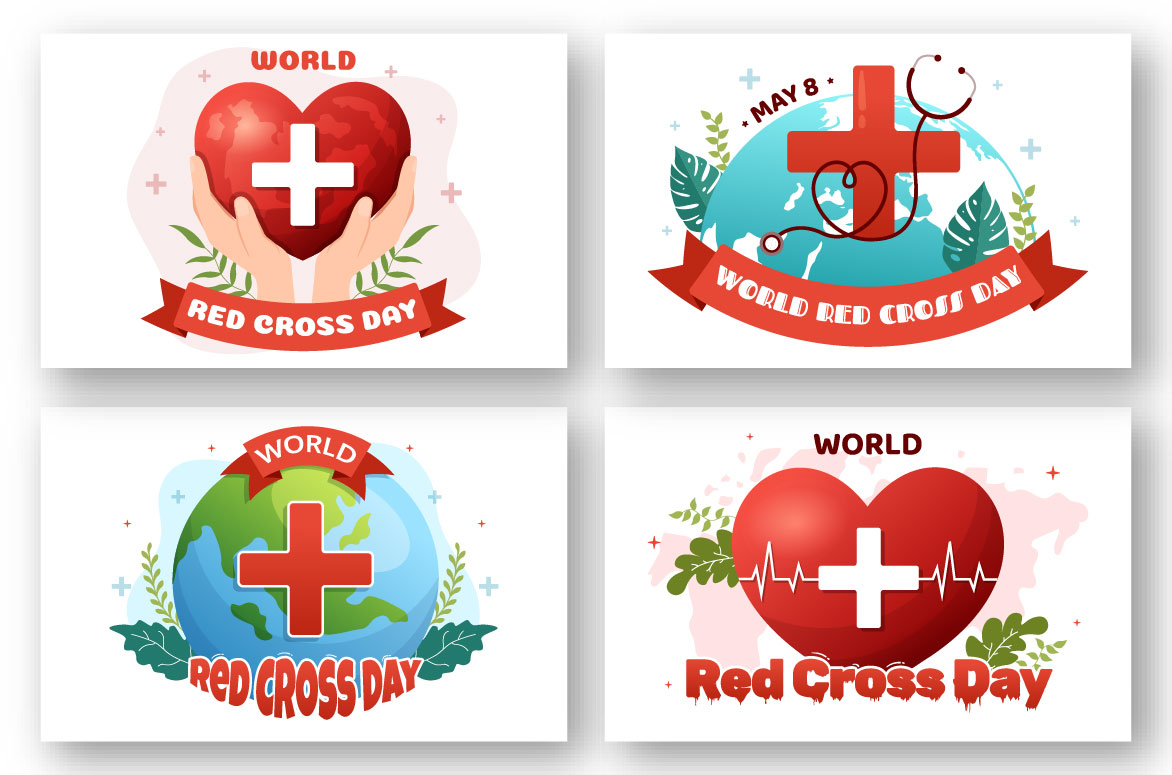 Four red cross day stickers on a white background.