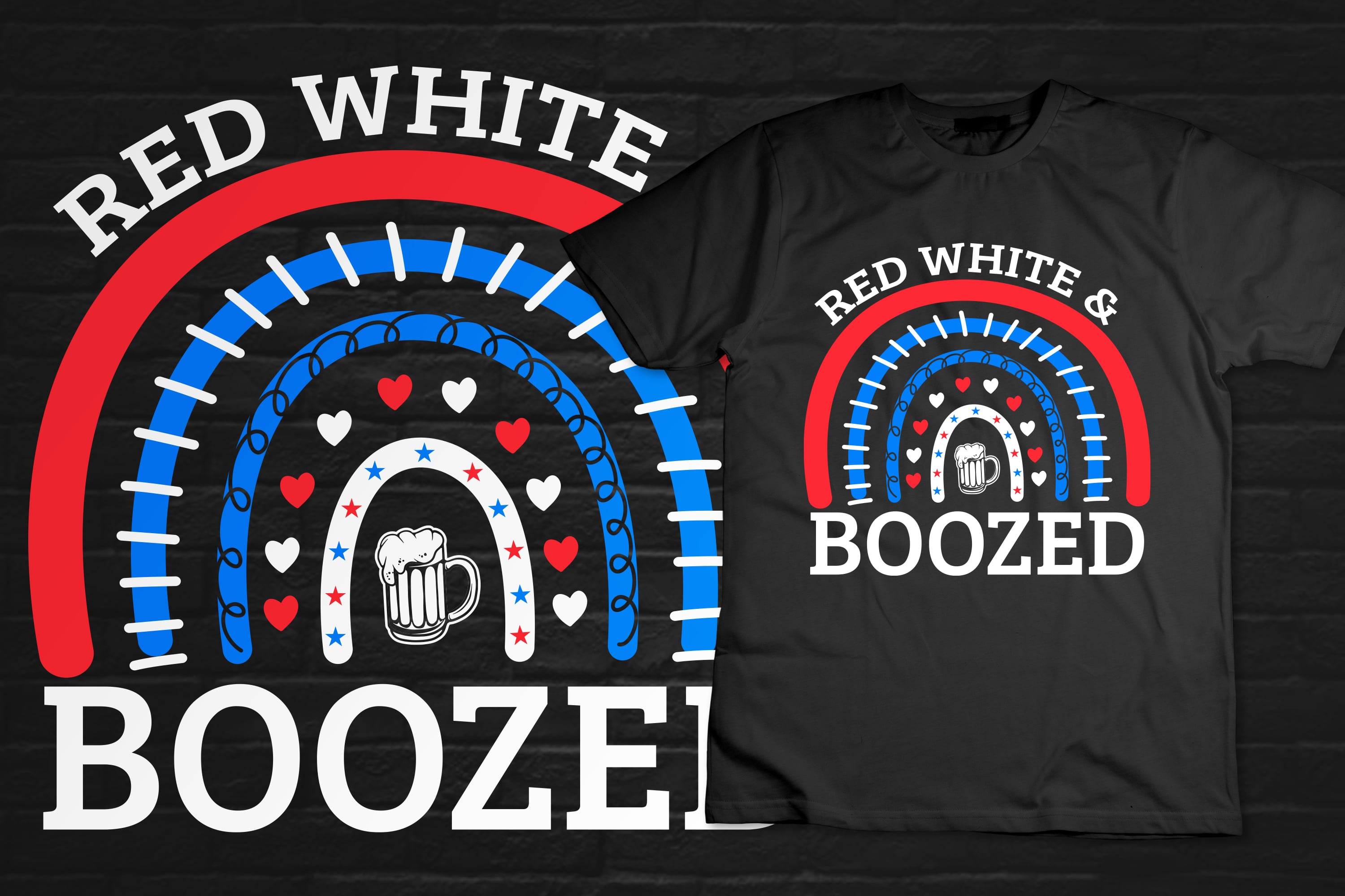 T - shirt with a red white and booze design on it.