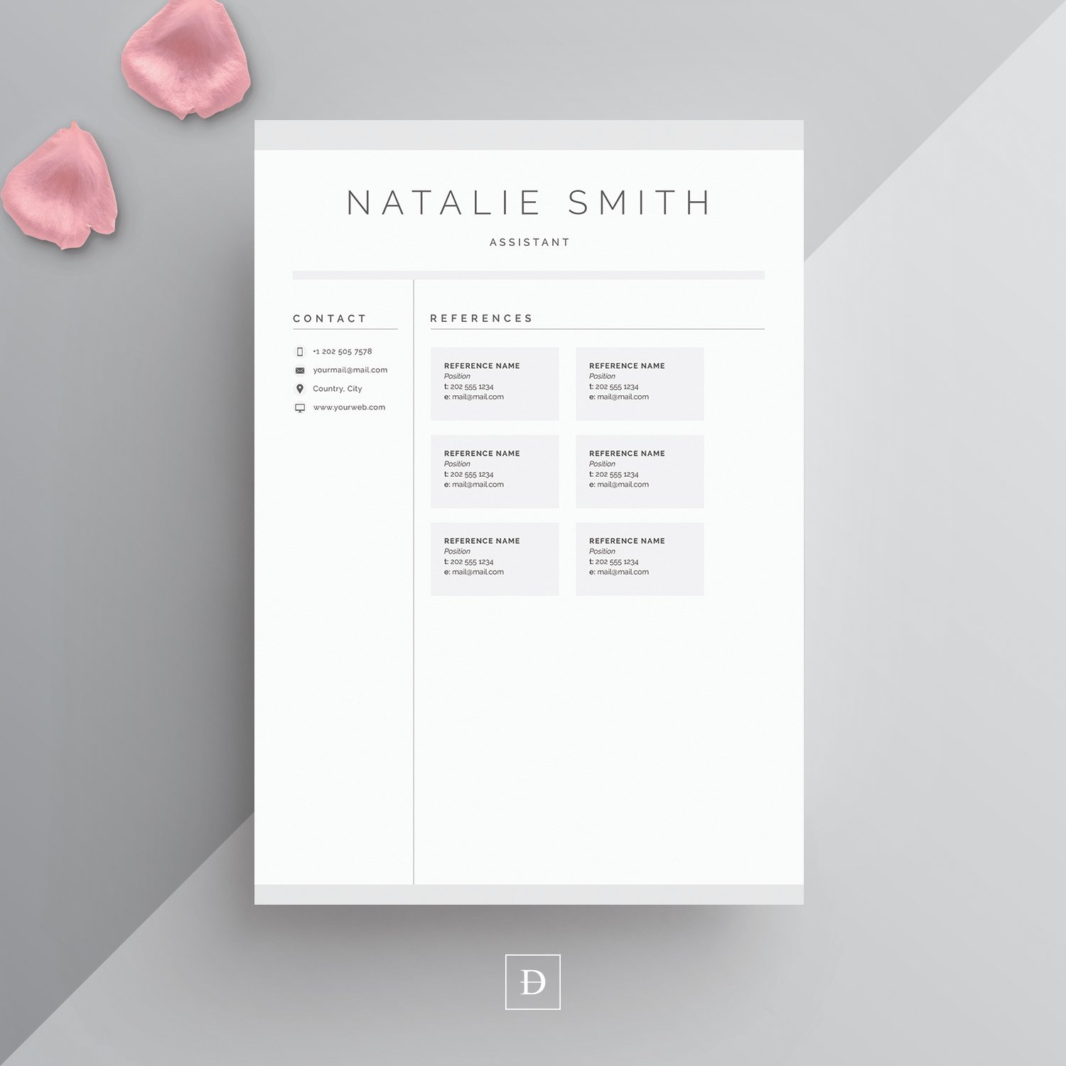 White resume template with a pink rose.