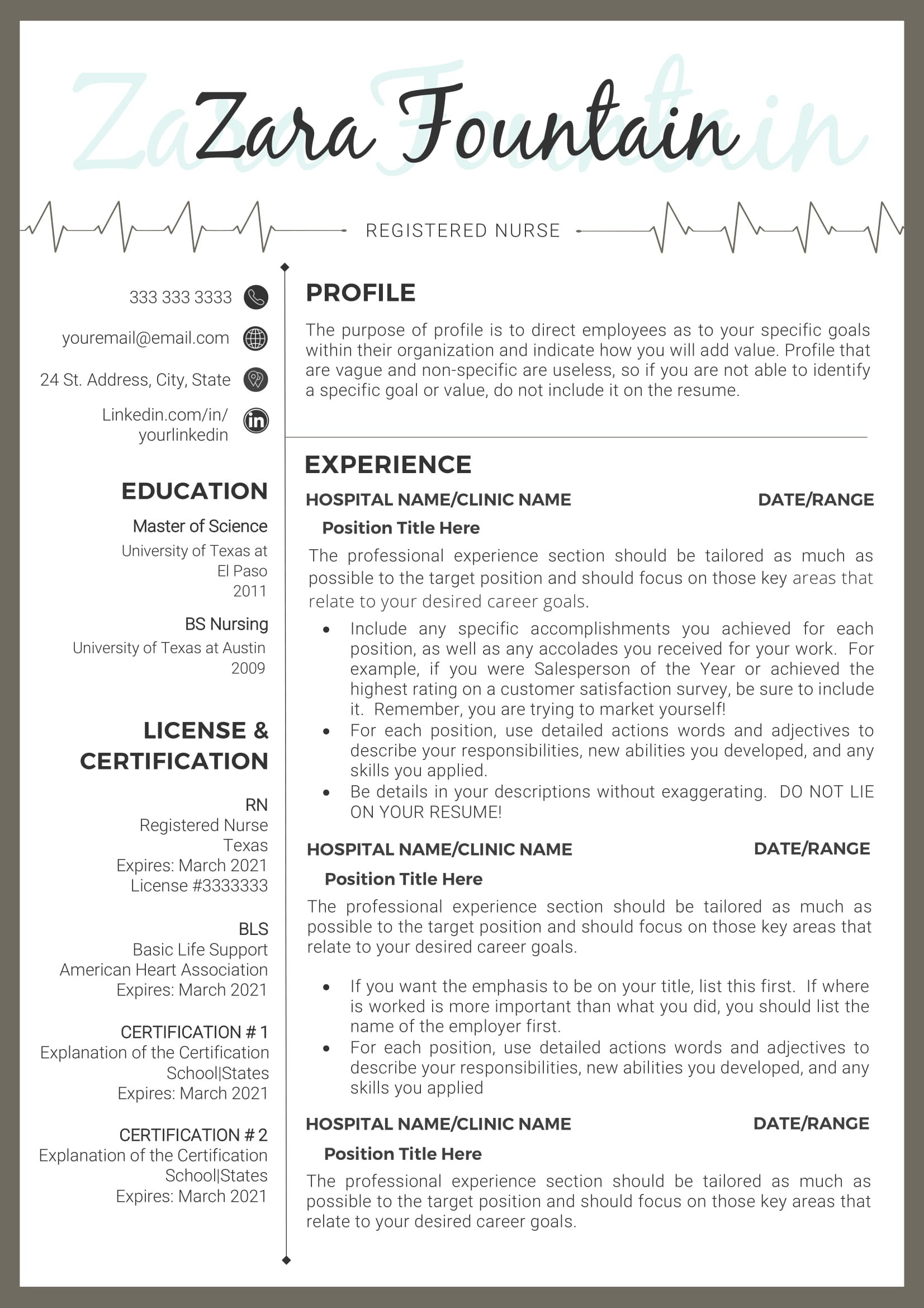 Professional nurse resume with a nurse's name.