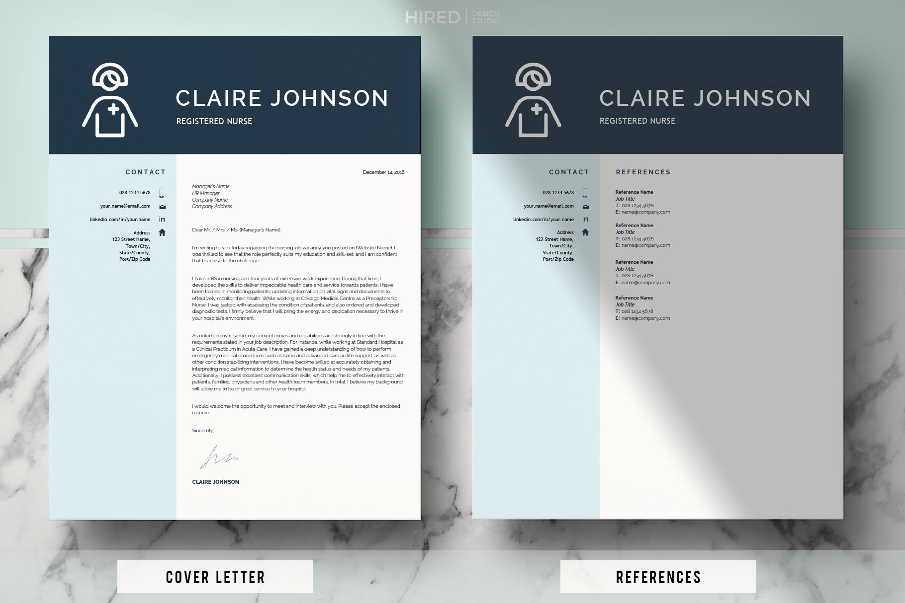 Two resume templates on a marble background.