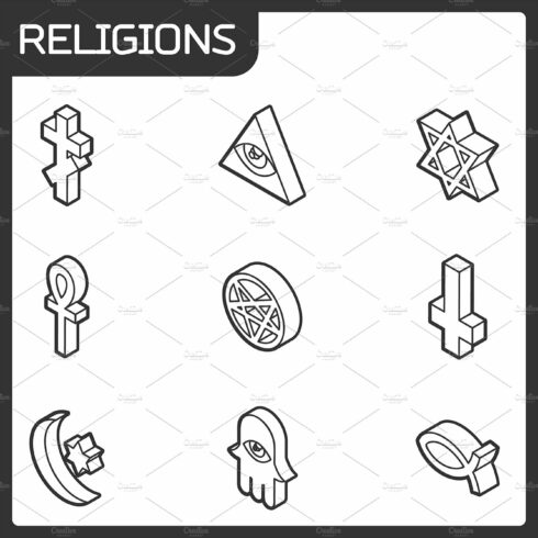 Religions outline isometric icons cover image.