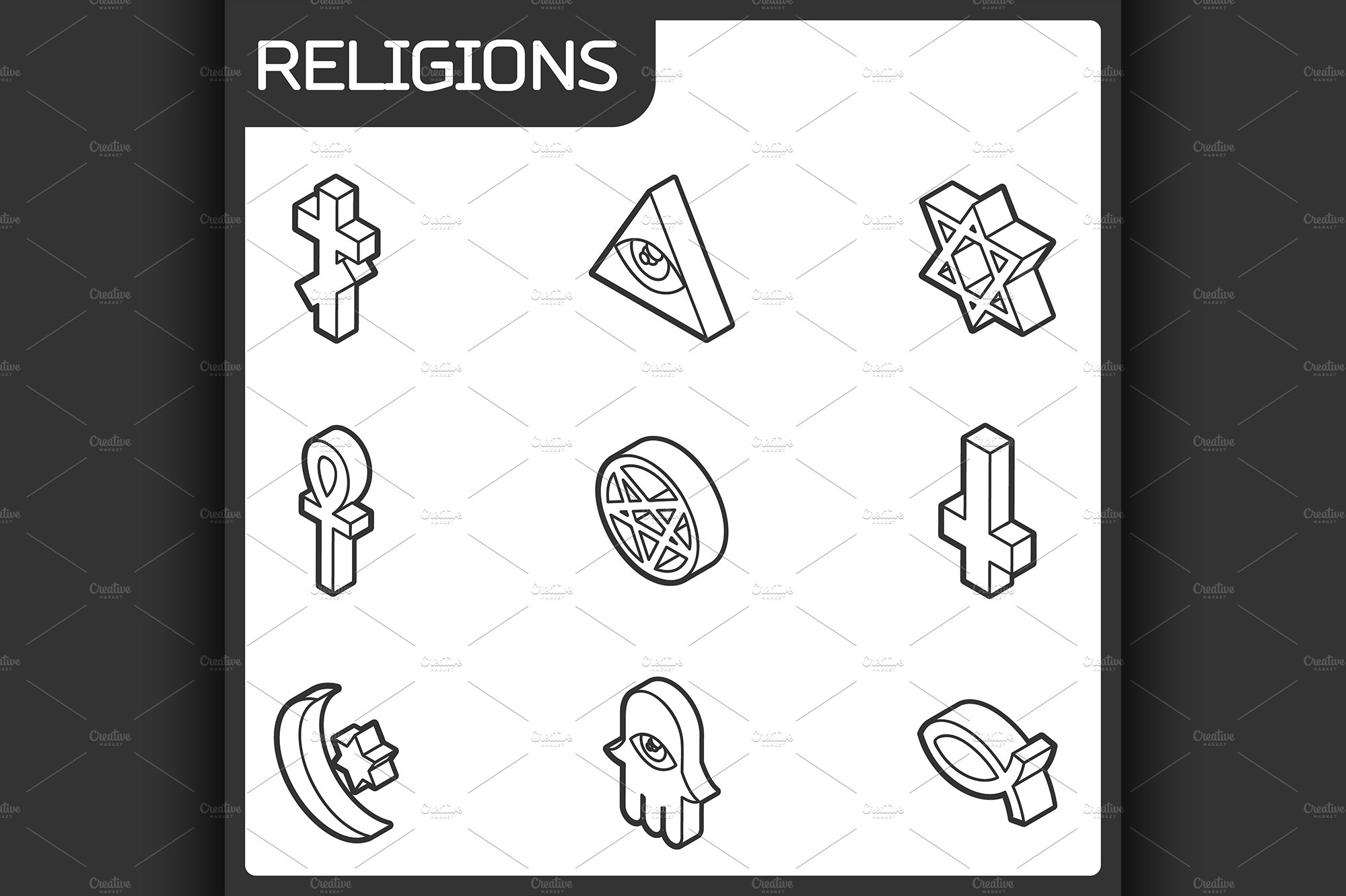 Religions outline isometric icons cover image.