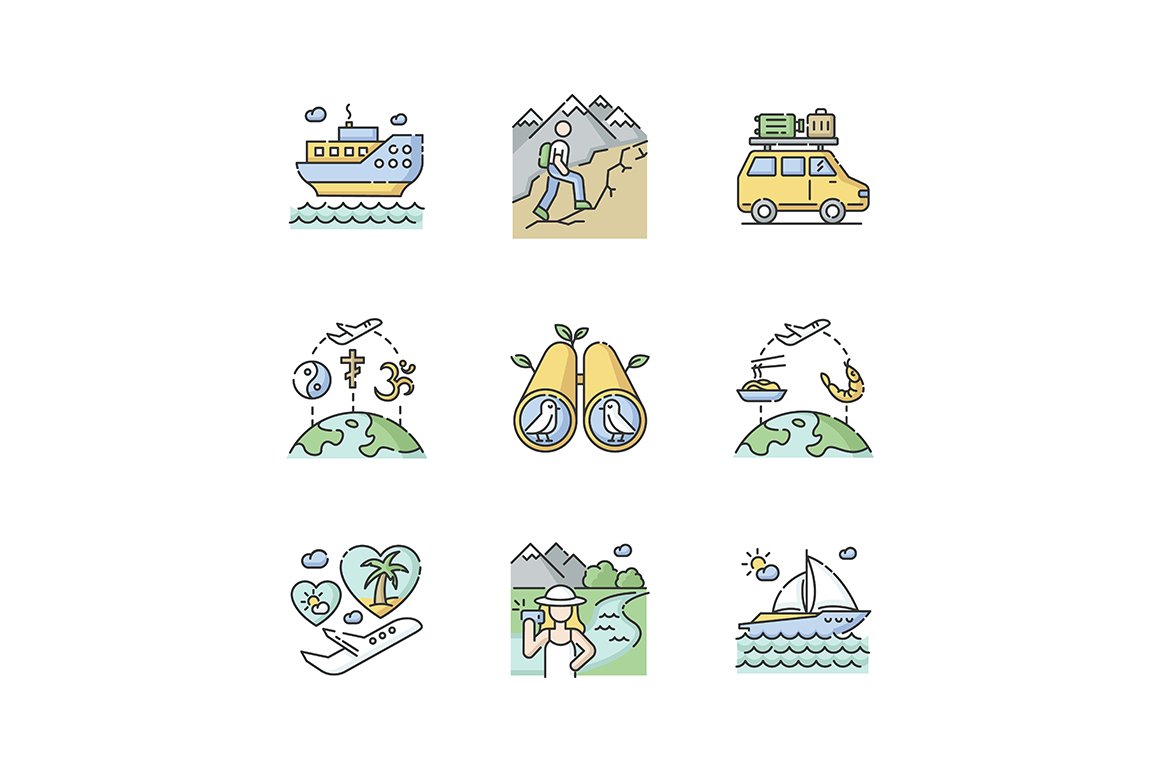 Vacation trip RGB color icons set cover image.