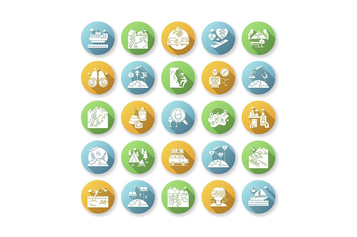 Tourism flat design glyph icons set cover image.