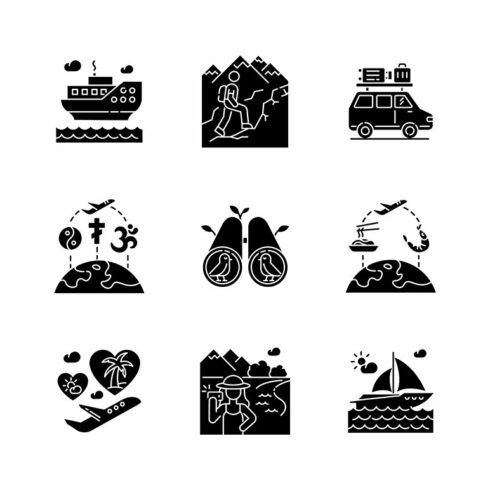 Vacation trip black glyph icons set cover image.