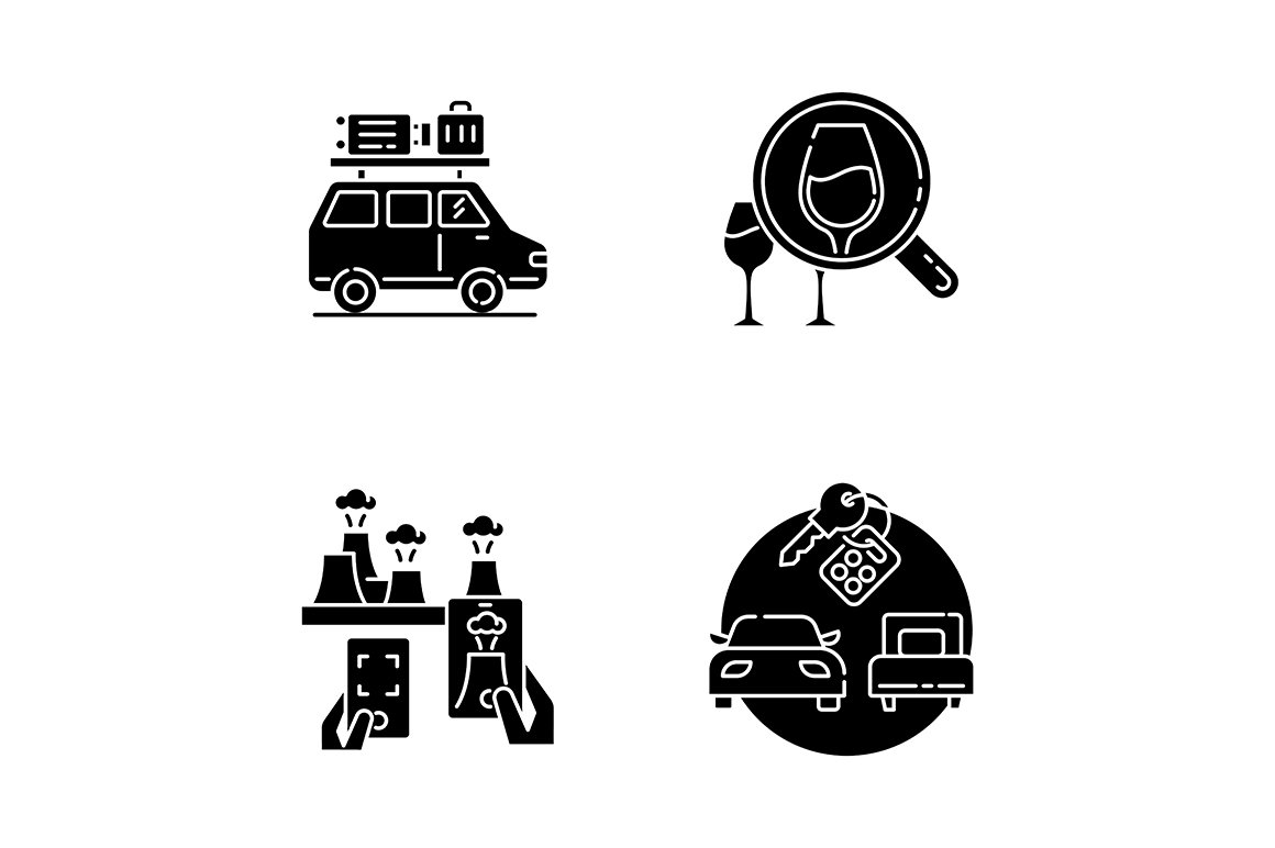 Types of tourism black glyph icons cover image.