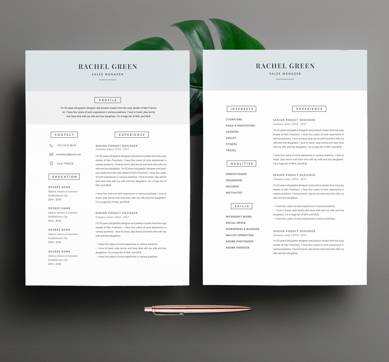 Modern Resume Template "RACHEL" A4 preview image.