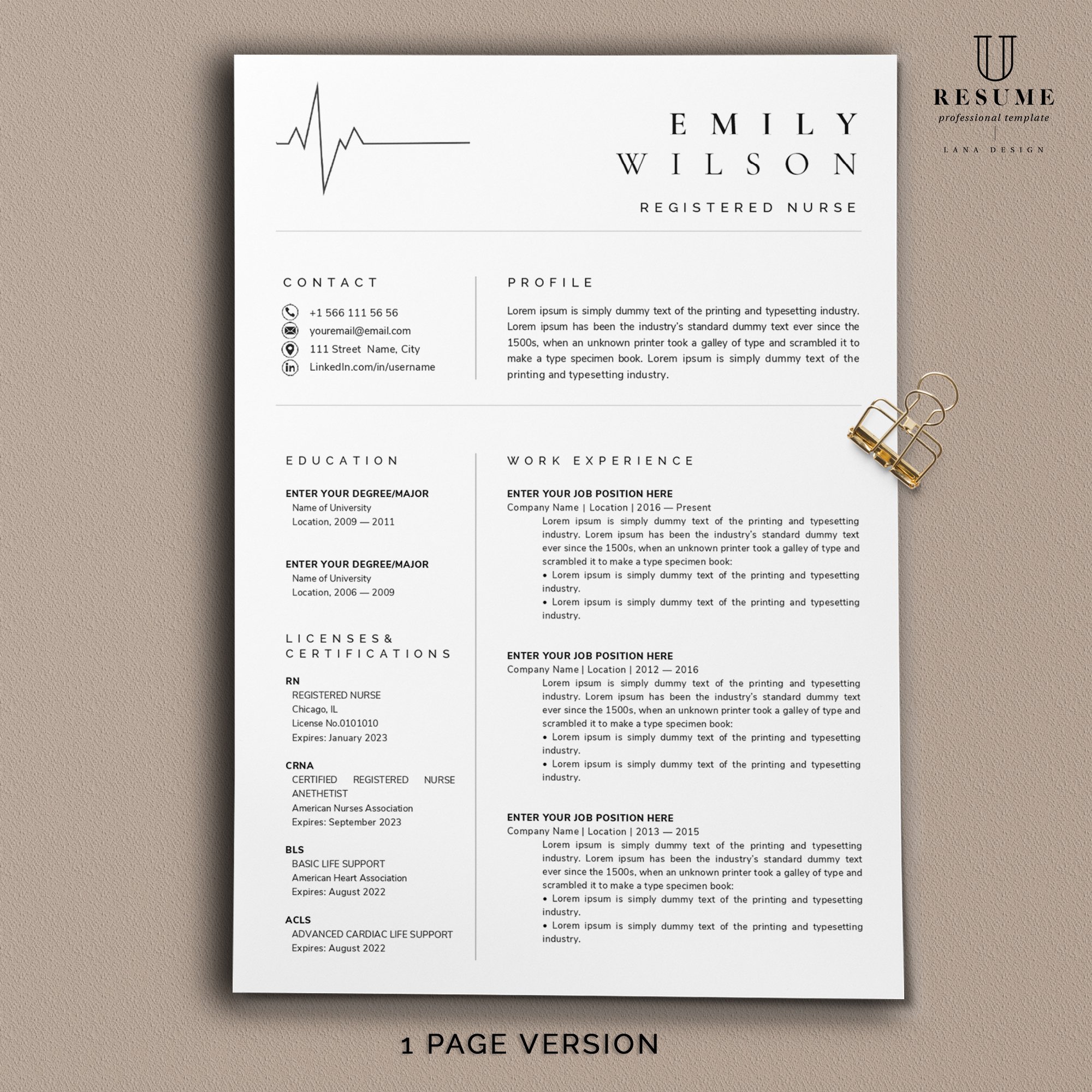 Professional resume template with a key on top of it.