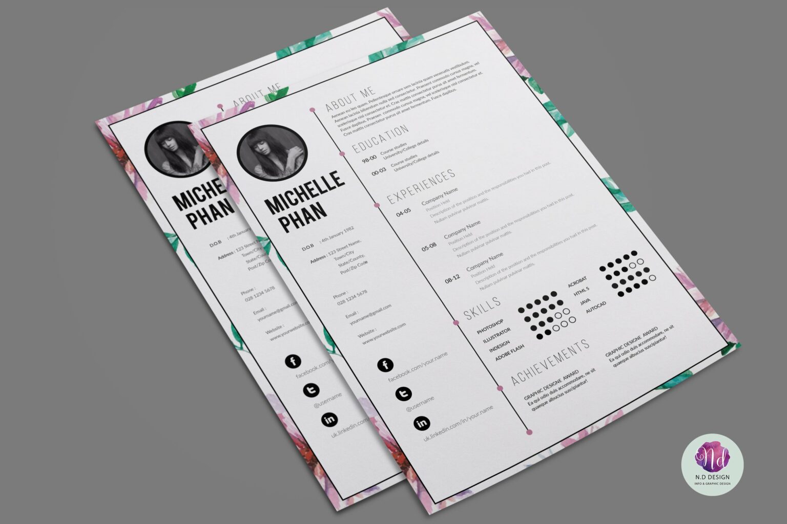 Floral CV template – MasterBundles