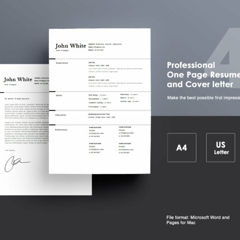 One page Resume CV + cover letter 4 cover image.