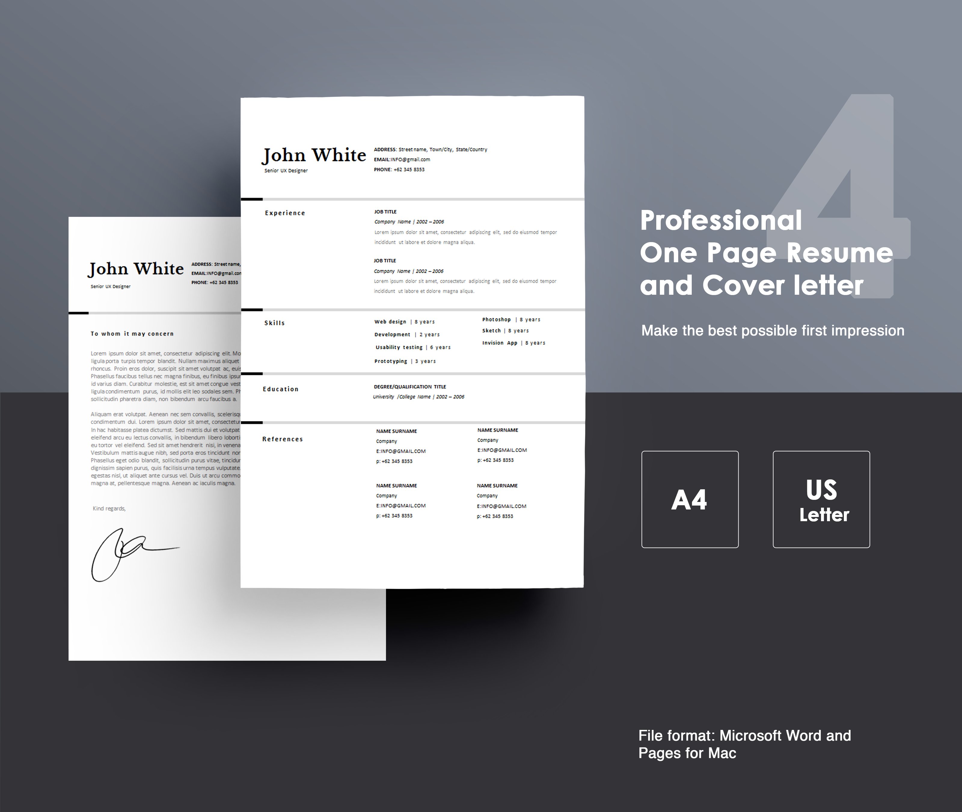 One page Resume CV + cover letter 4 cover image.