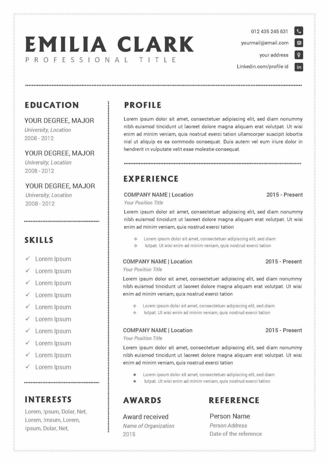CV Resume Word Docx Template – MasterBundles