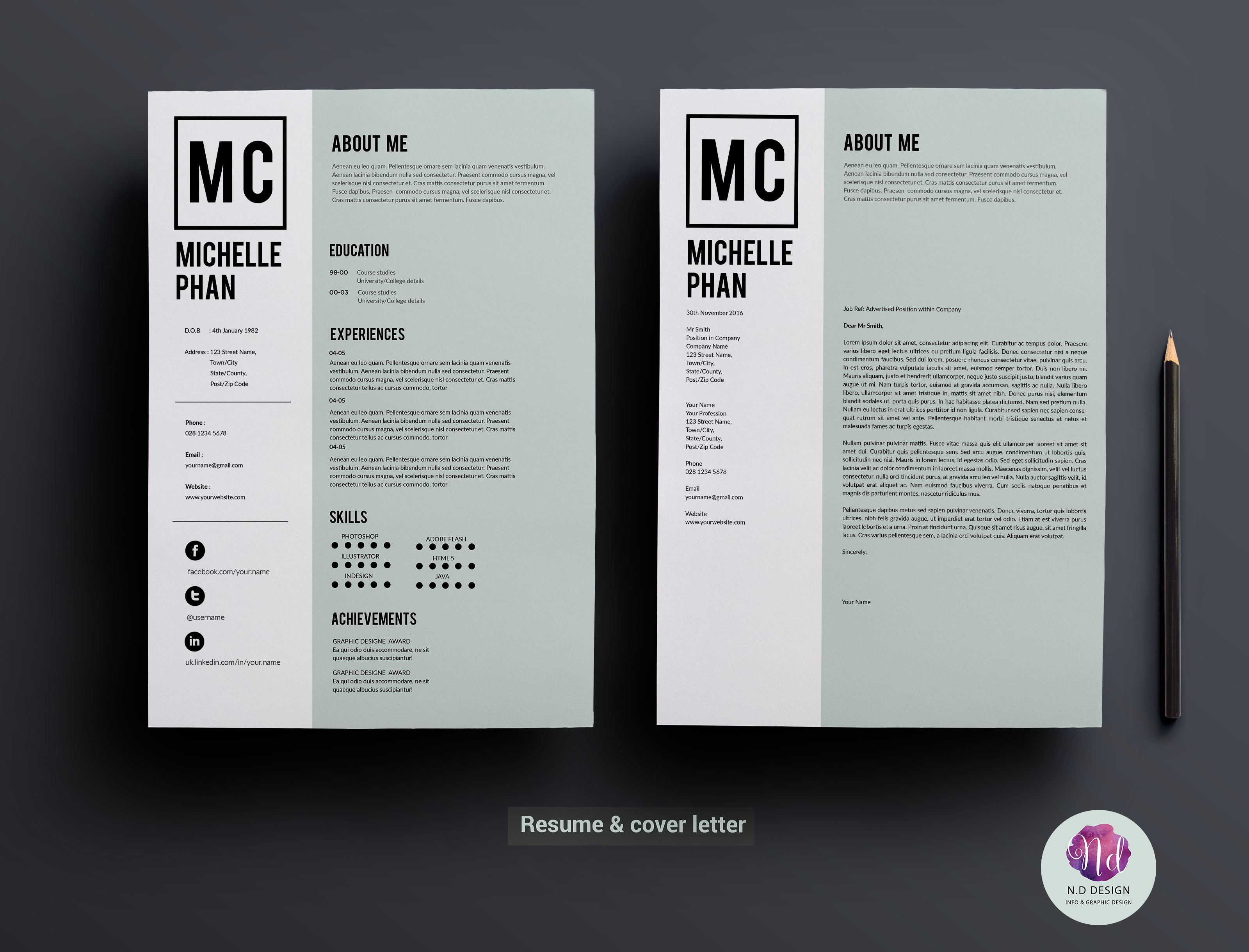 1 page resume template preview image.