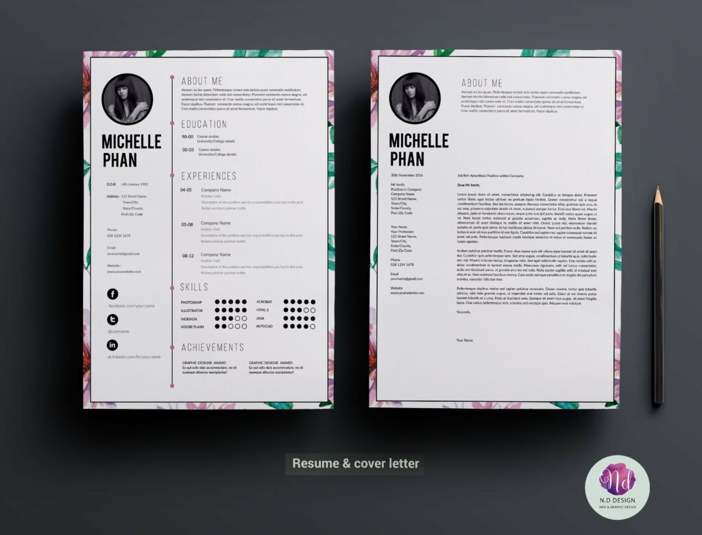 Floral CV template – MasterBundles