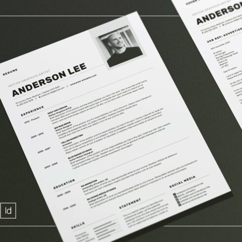 Two resumes with a black and white background.