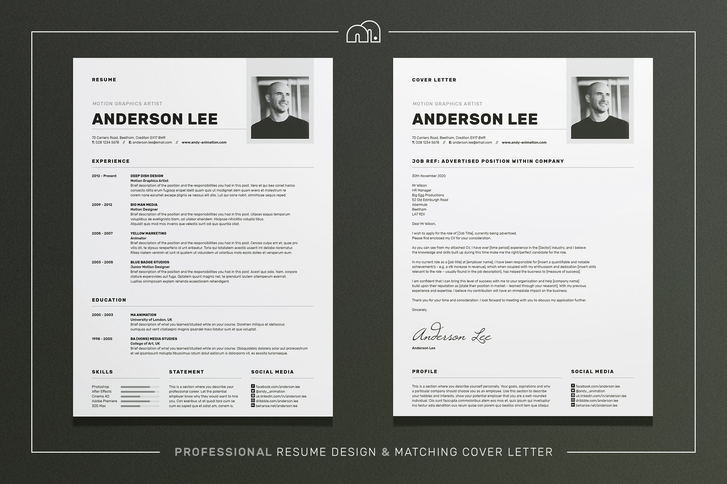Two professional resume templates with a black and white background.