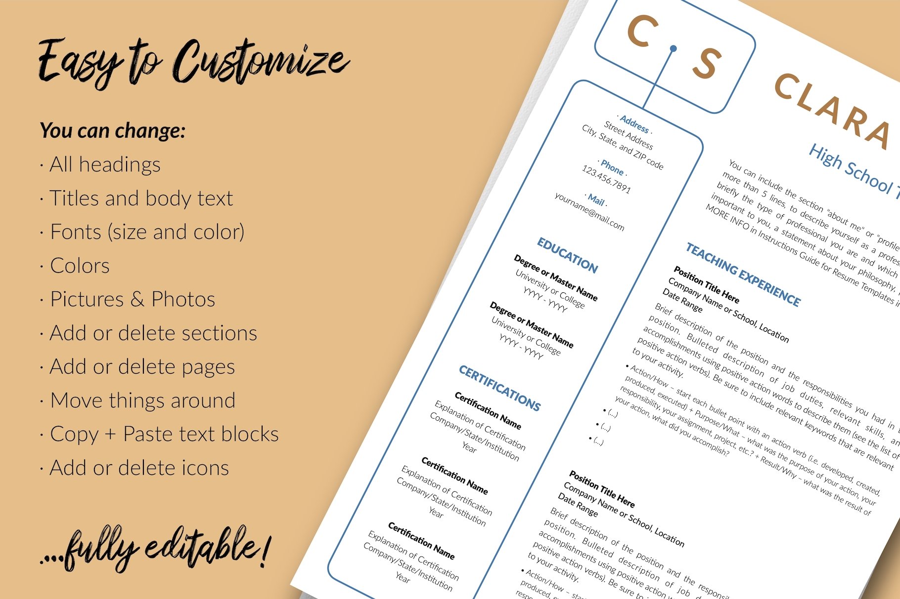 resume cv template clara stone for creative market 13 easy to edit 891