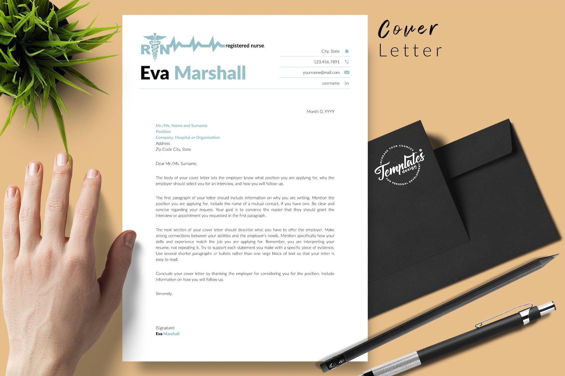 Person holding a pen next to a letterhead.
