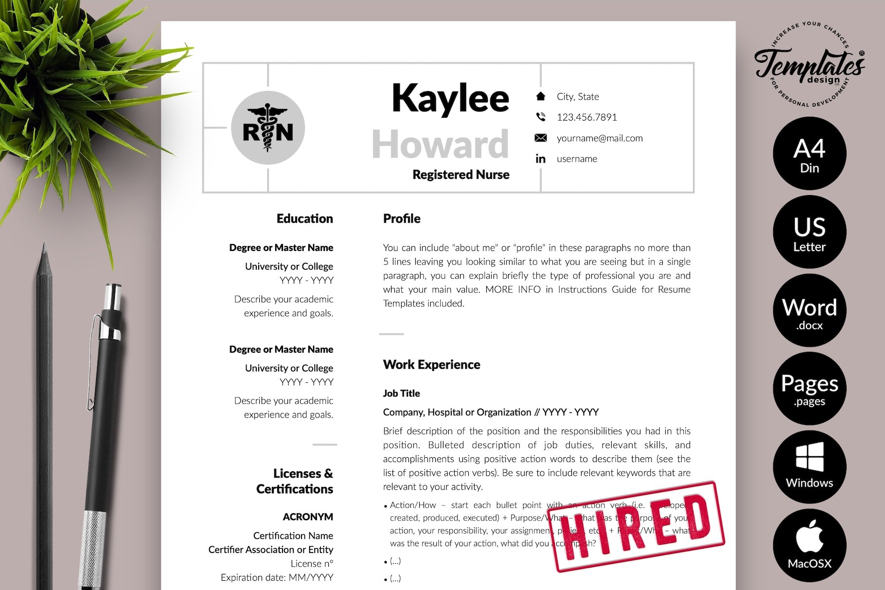 Resume with a stamp on it next to a pen and a plant.