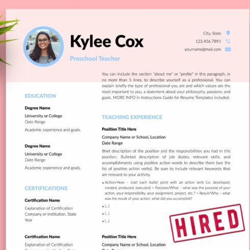 Teacher Resume Design / CV - Kylie cover image.