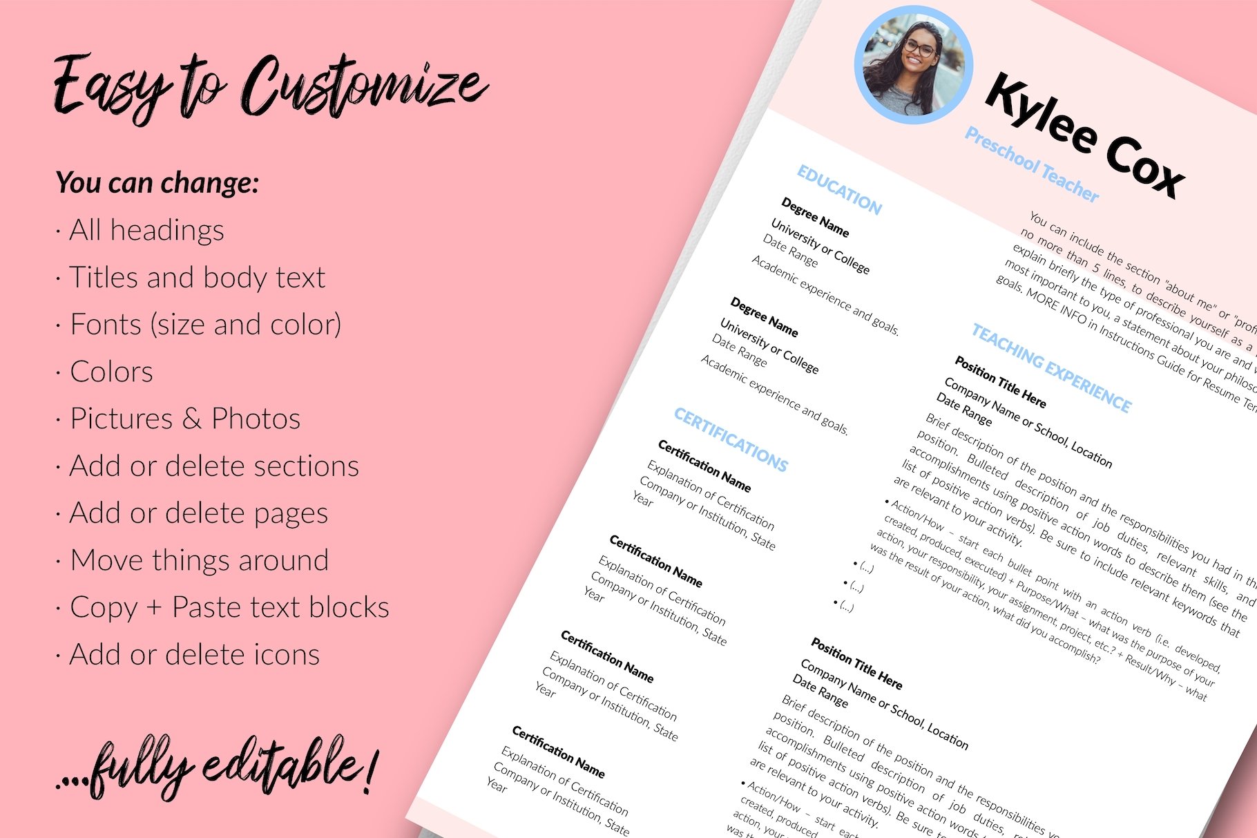 resume cv template kylie cox for creative market 13 easy to edit 369