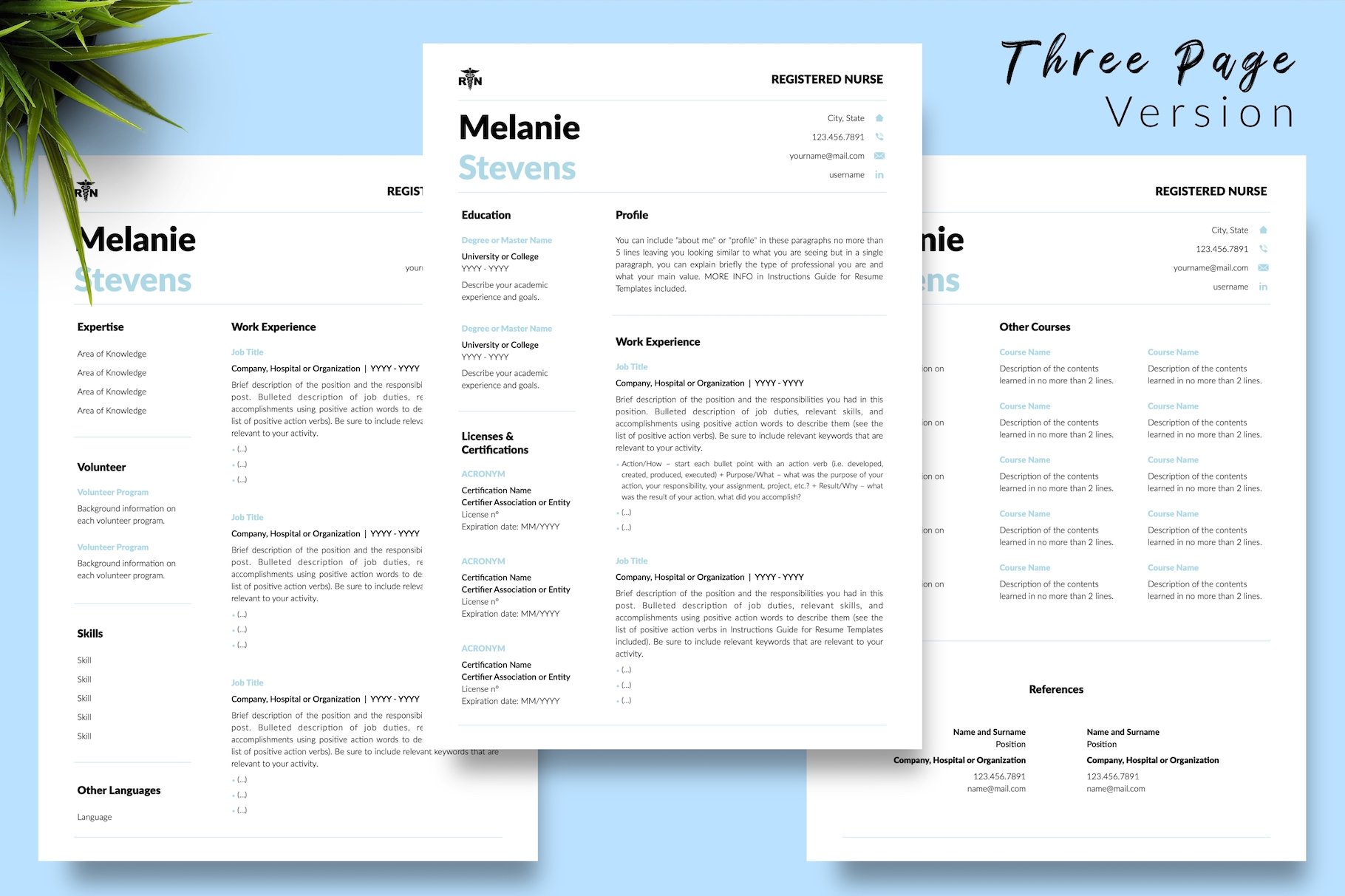 Two pages of a resume on a blue background.