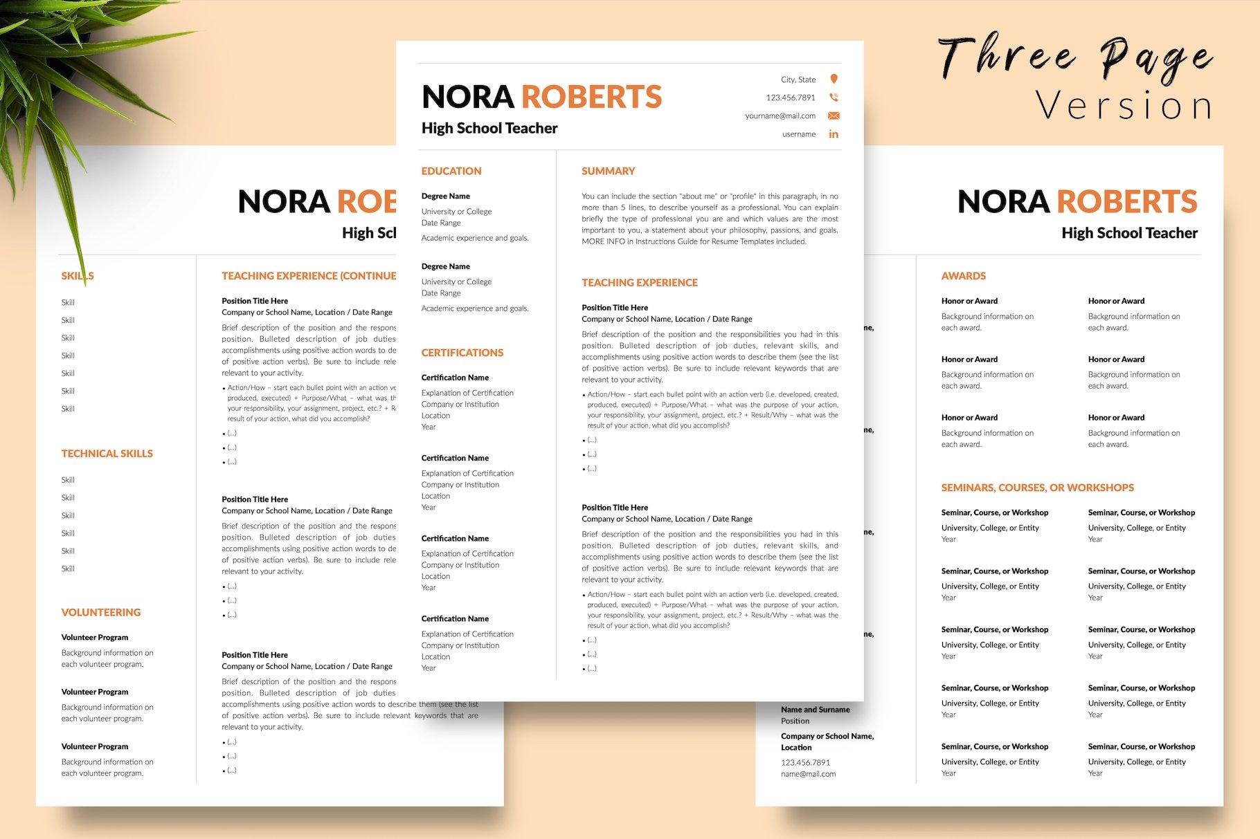 resume cv template nora roberts for creative market 04 three page version 400