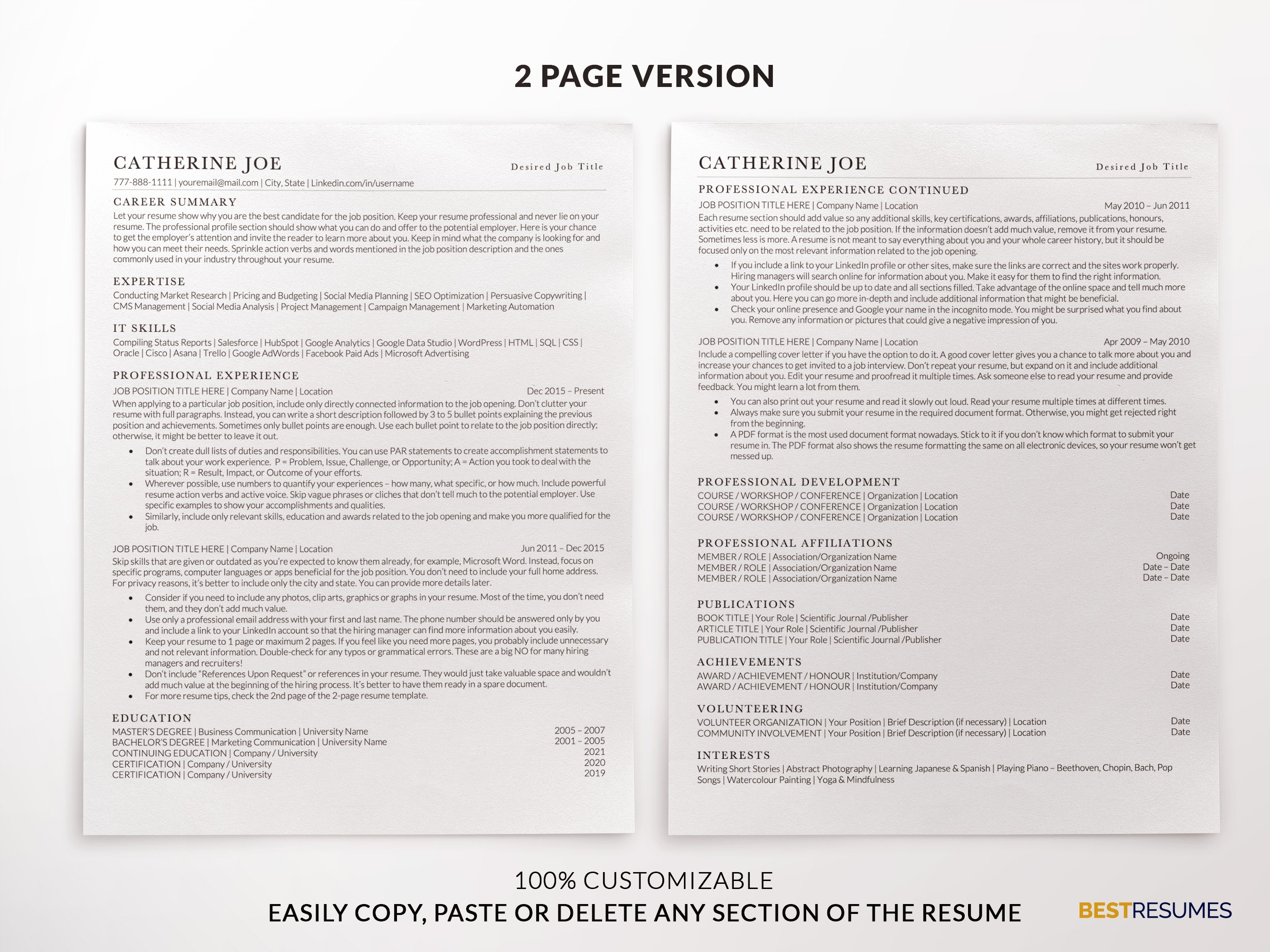 resume for pages two page resume template catherine joe 725