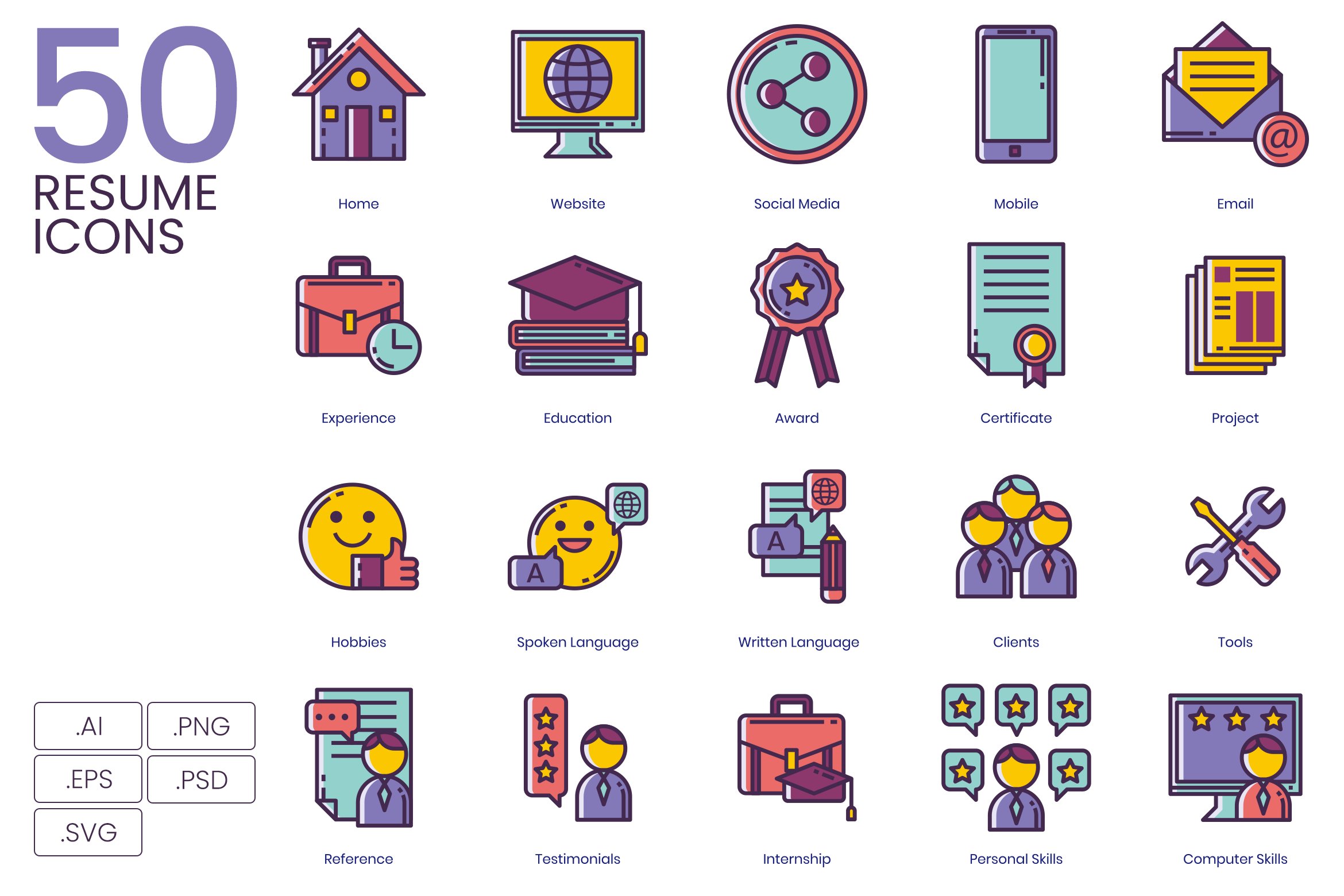 50 Resume Icons | Lilac cover image.