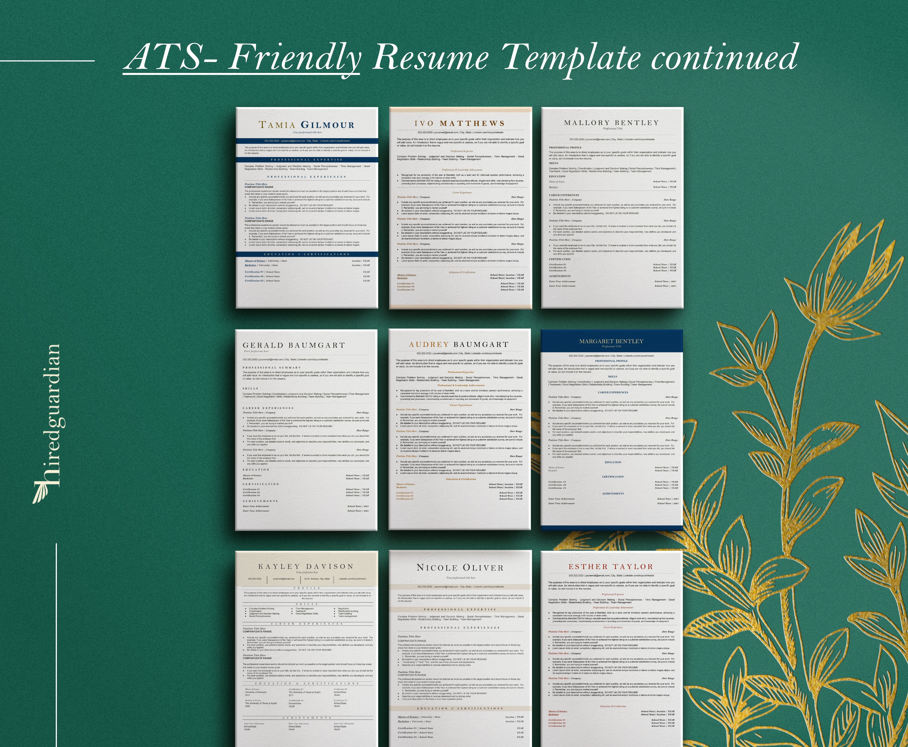 Bunch of different types of resumes on a green background.