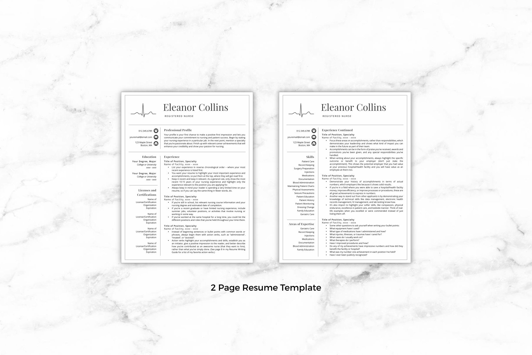 Two pages of a resume on a marble background.
