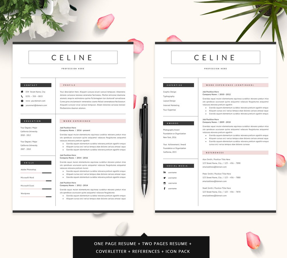 Professional resume template with pink flowers and a pen.