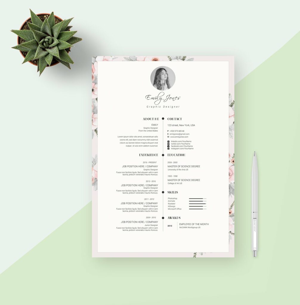 Floral Pattern CV Resume Template - Resume Template 2. 160 1006x1024 